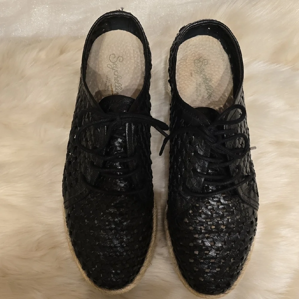 Seychelles Black Leather Espadrilles with Woven Texture Size 8 EUC From Dillards